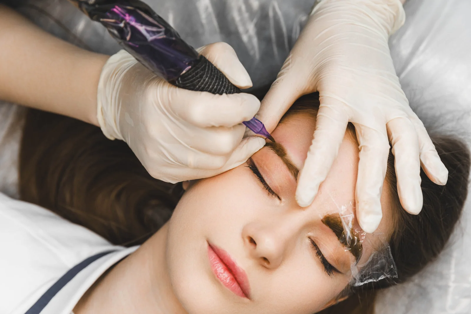 Microblading brow treatment in progress
